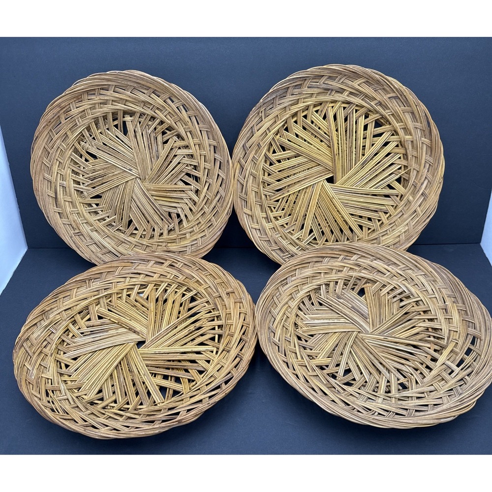 Vtg (4) Woven Rattan Trays Round Wicker Baskets Plate Holders‎ Thick Heavy Duty